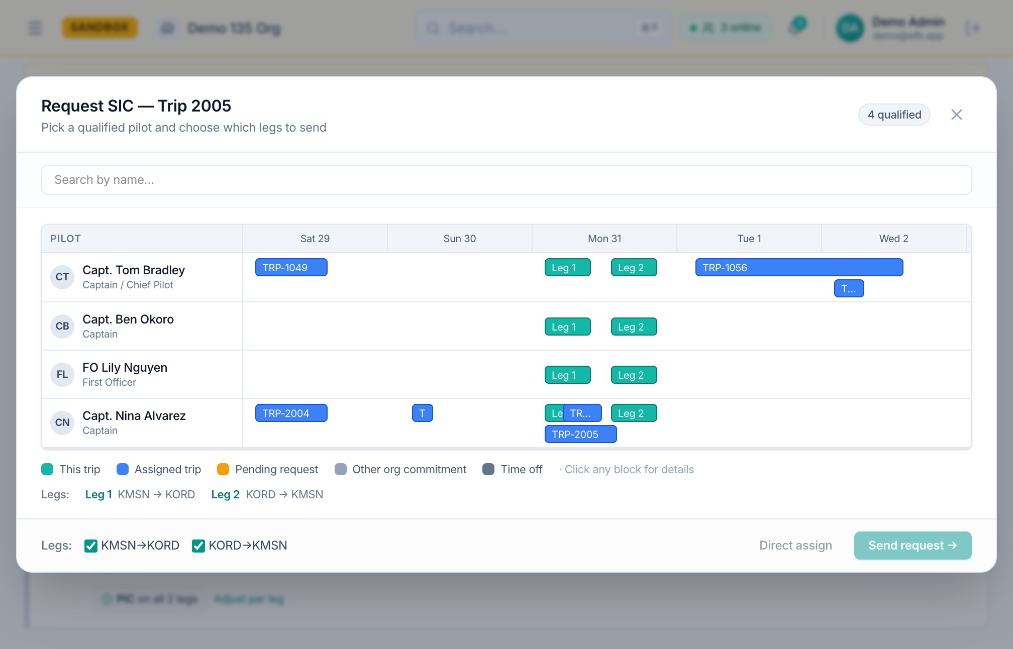 Tropiq FMS crew request showing qualified pilots, their existing assignments and selected trip legs