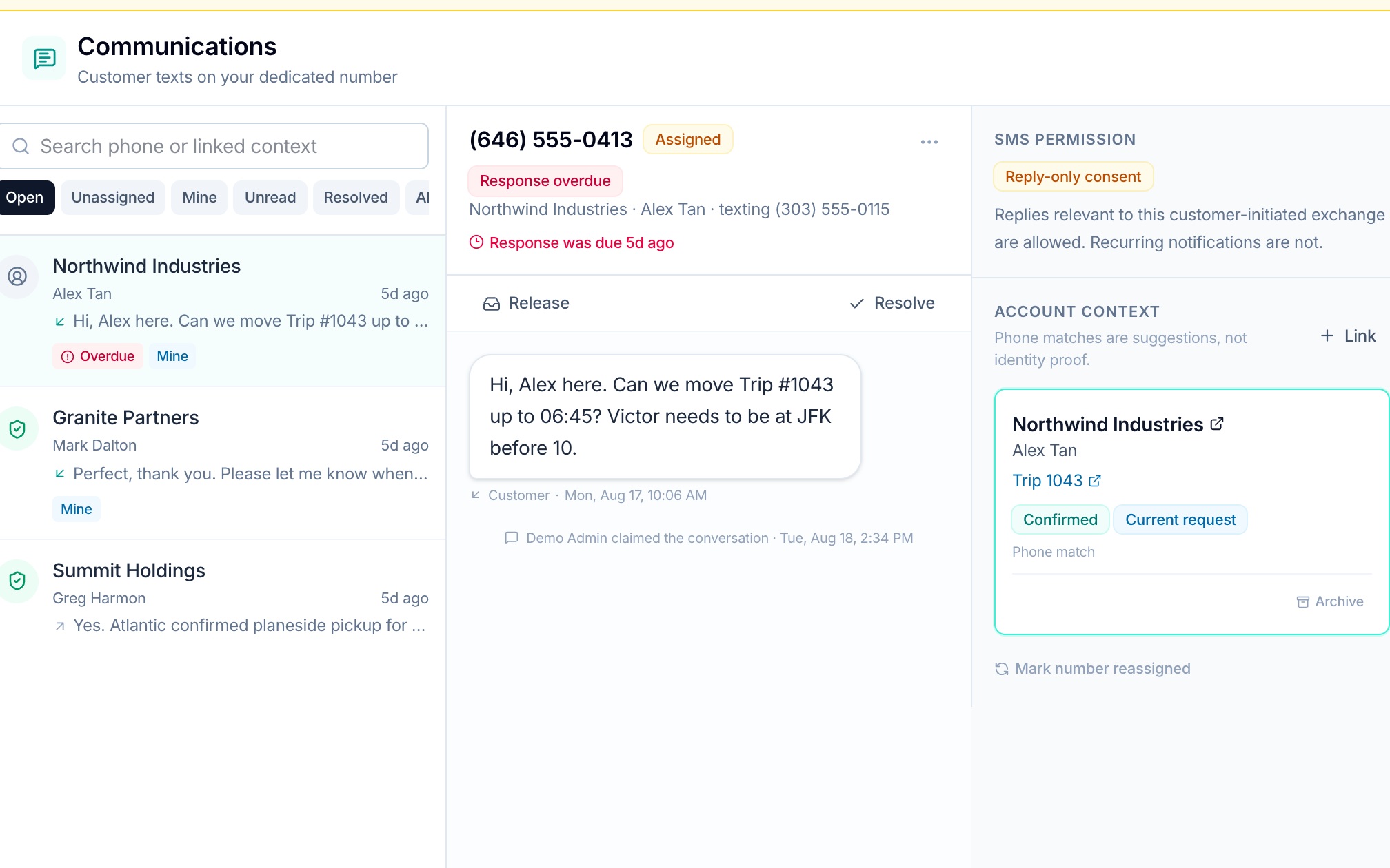 Tropiq FMS Communications view showing a customer text, response status, conversation claim and linked trip context