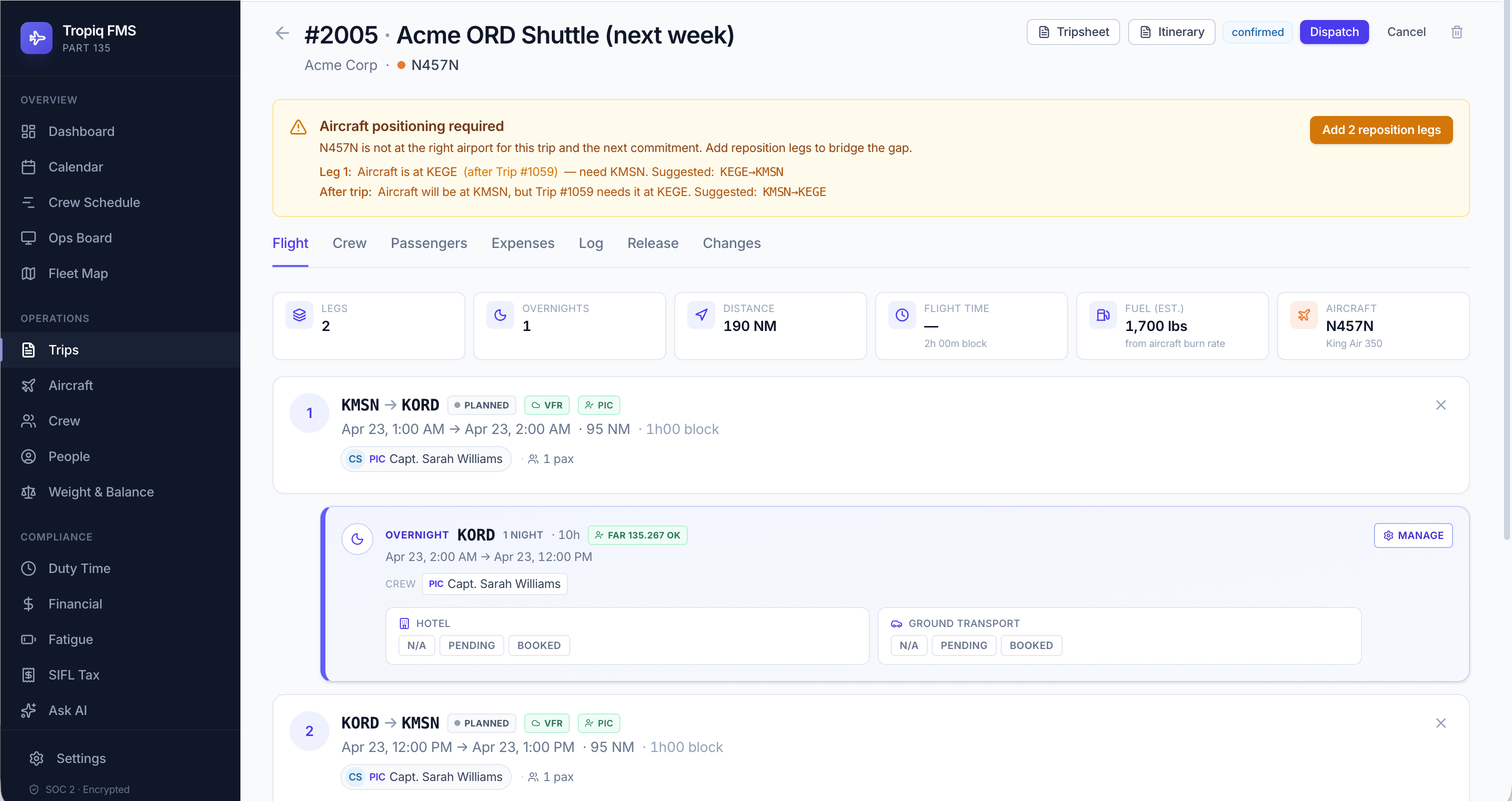 Tropiq FMS — trip detail with legs, crew assignments, and overnight detection