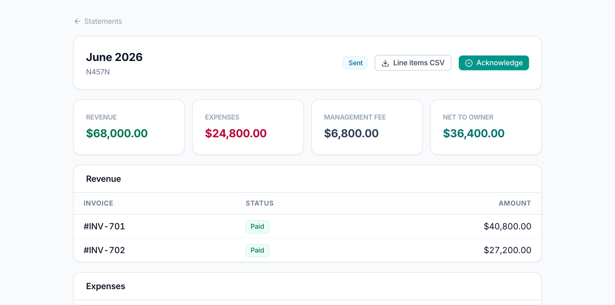 Tropiq FMS owner statement showing revenue, expenses, management fee, net to owner and supporting detail