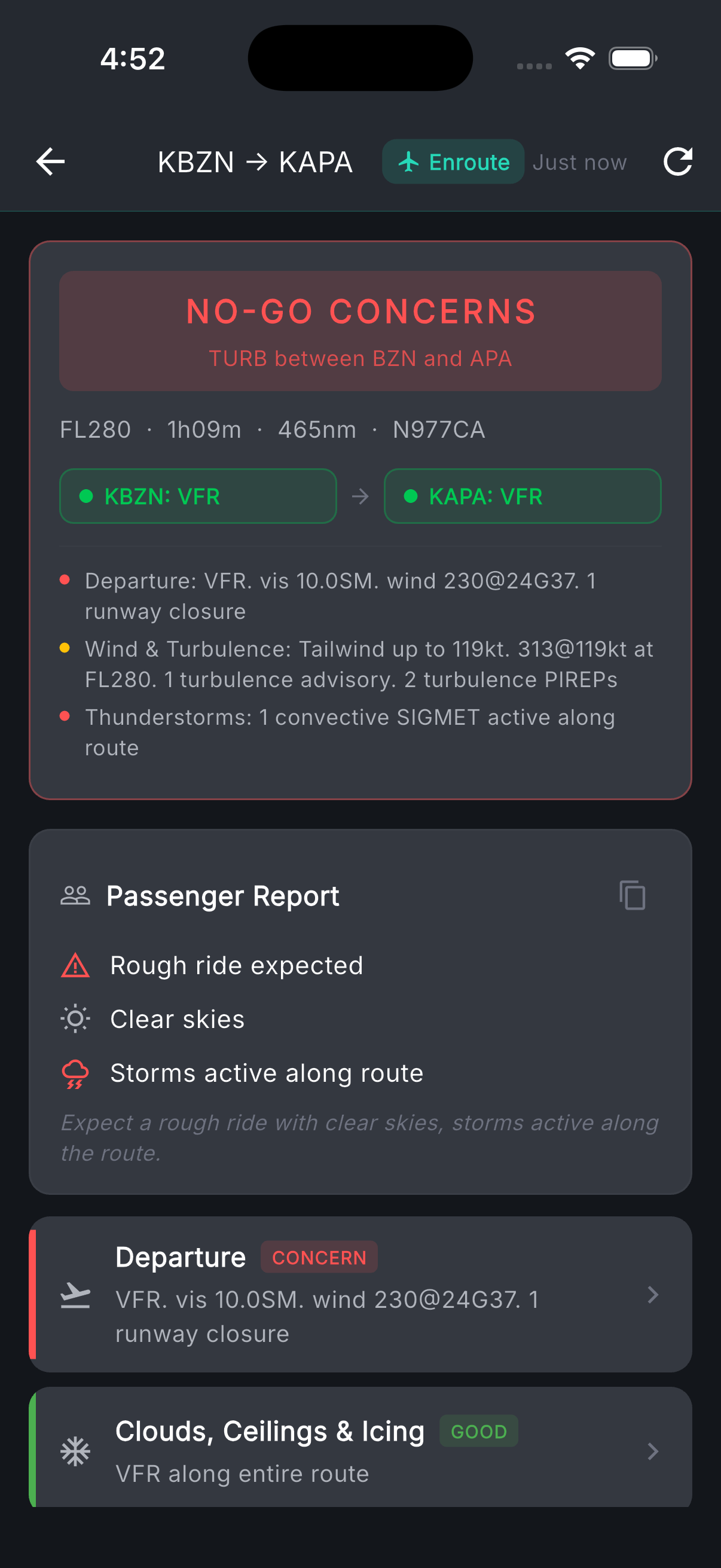 Tropiq EFB smart flight briefing showing route-specific risks and operational impacts