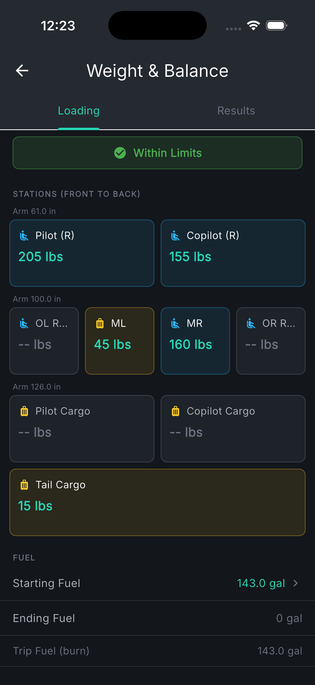 Tropiq EFB weight and balance screen showing planned aircraft loading and center of gravity